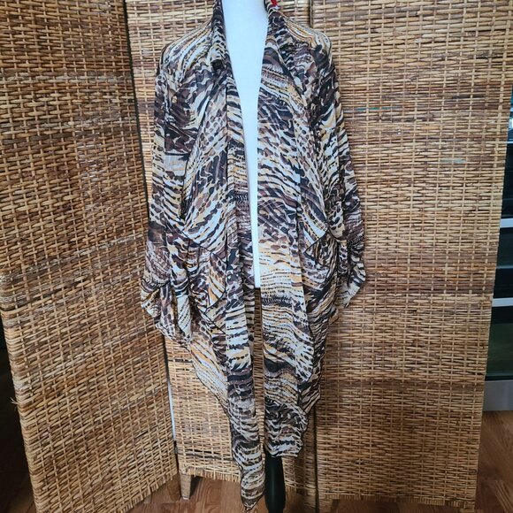 NWT Avenue Sz 30/32 Kimono Jacket Topper Cover Up Waterfall Boho Flowy Browns - Picture 1 of 6